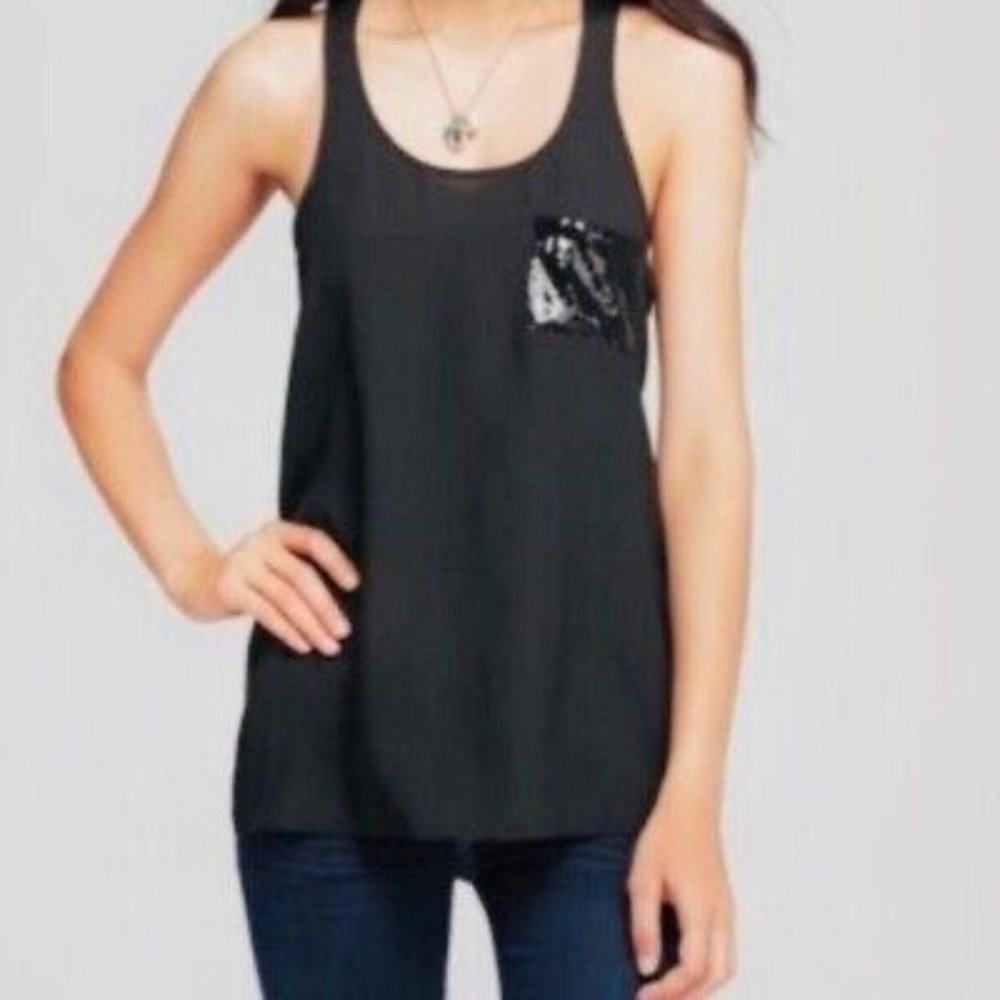 Olive & Oak Black Racerback Tank with Sequin Pocket Detail, Size Medium
